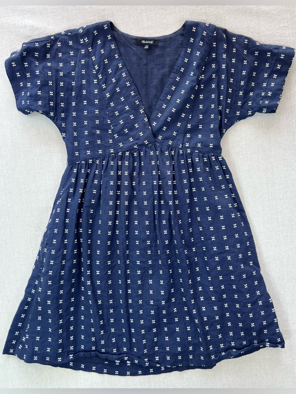 Women's Navy White Dot Mini Comfy Breathable Casual Cozy Embroidered Dress XS